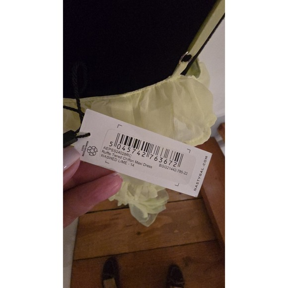 Nasty Gal Ruffle Chiffon Long Dress SZ 10 Yellow Lime Fairycore Retail $165 - Picture 9 of 15